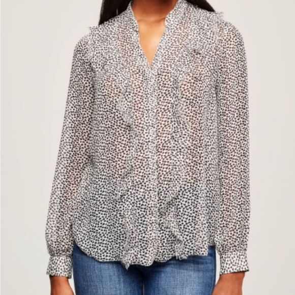 L’AGENCE Nadine Ruffle Shoulder Blouse White Black Hearts Medium